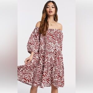 Mango MNG Woman Brick Red Animal Print Cotton Puff Sleeve Mini Dress Sz 10